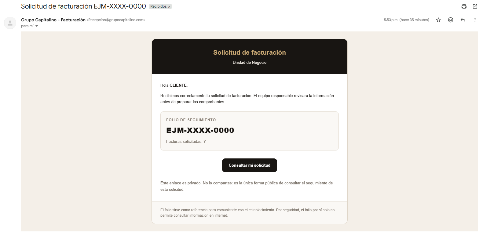 Ejemplo del correo de confirmación que contiene el enlace privado para consultar una solicitud